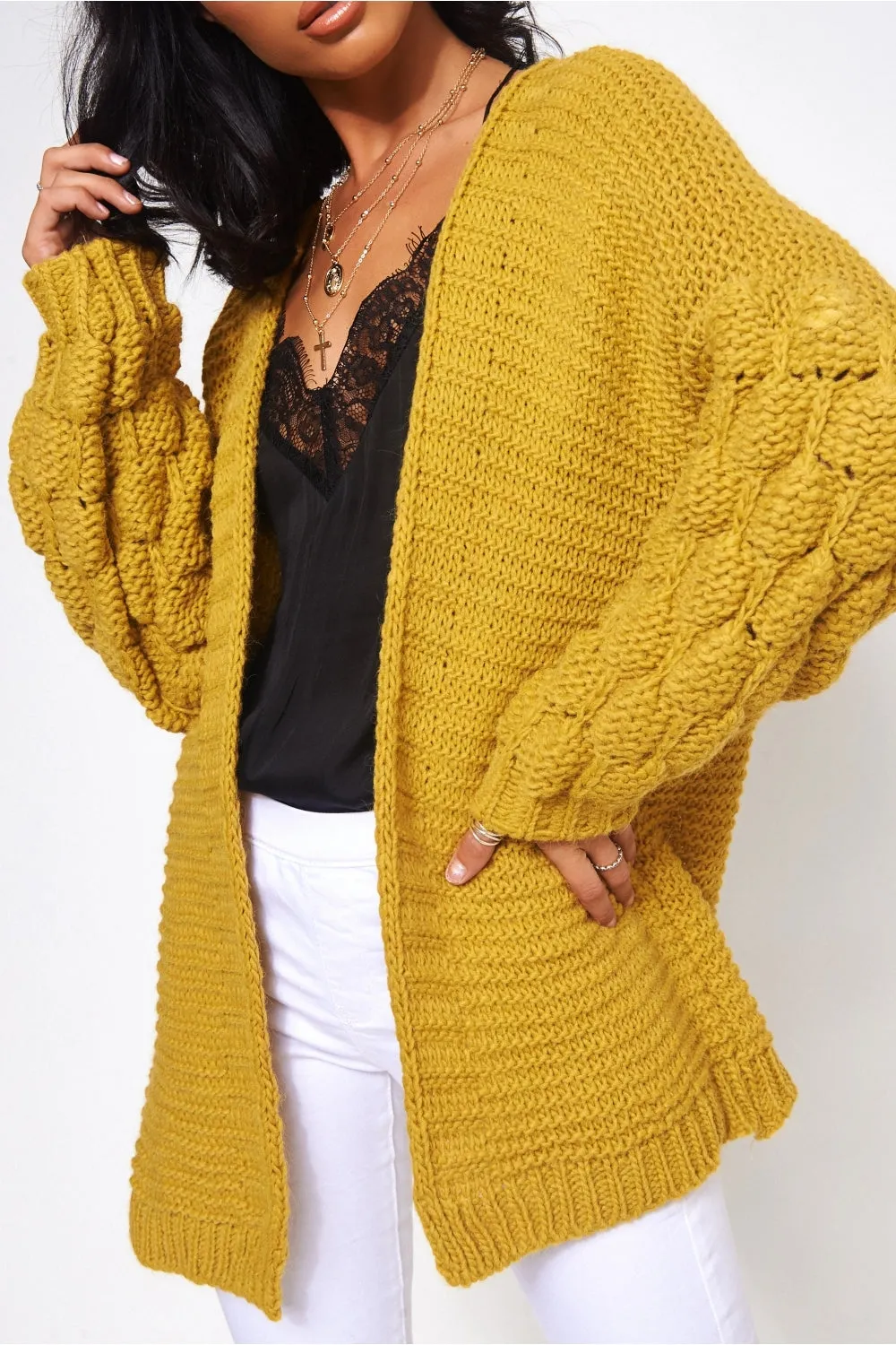 Alessa Chunky Knit Mustard Pom Sleeve Cardigan