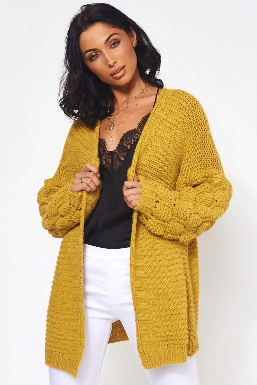 Alessa Chunky Knit Mustard Pom Sleeve Cardigan