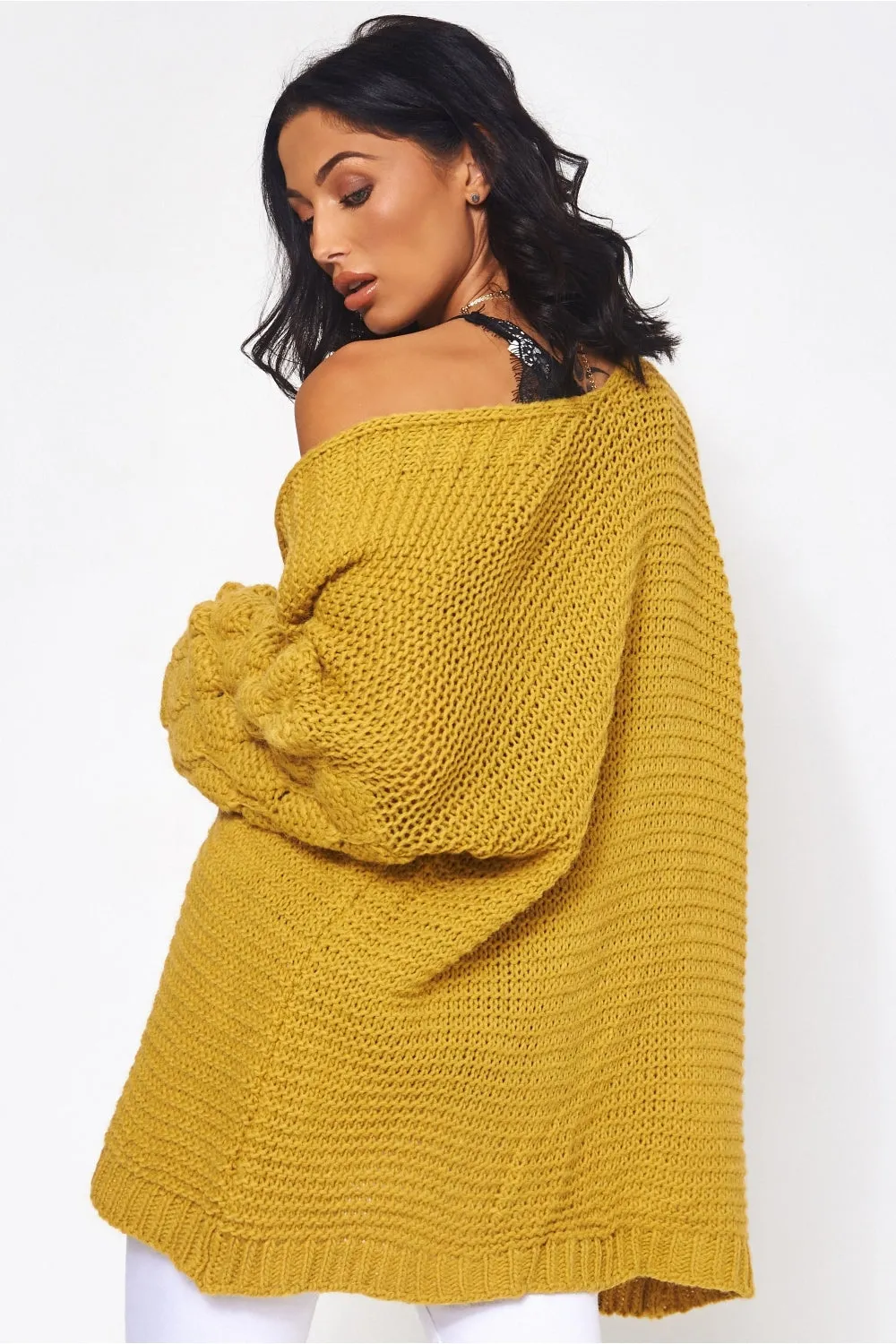 Alessa Chunky Knit Mustard Pom Sleeve Cardigan