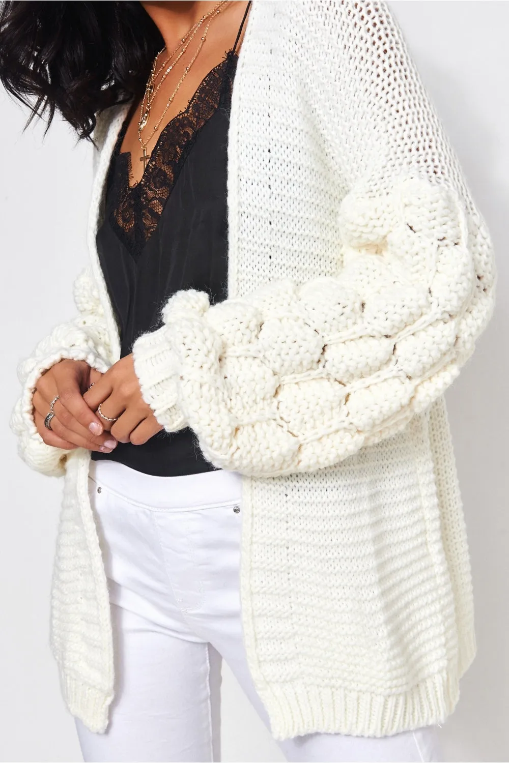 Alessa White Pom Sleeve Cardigan