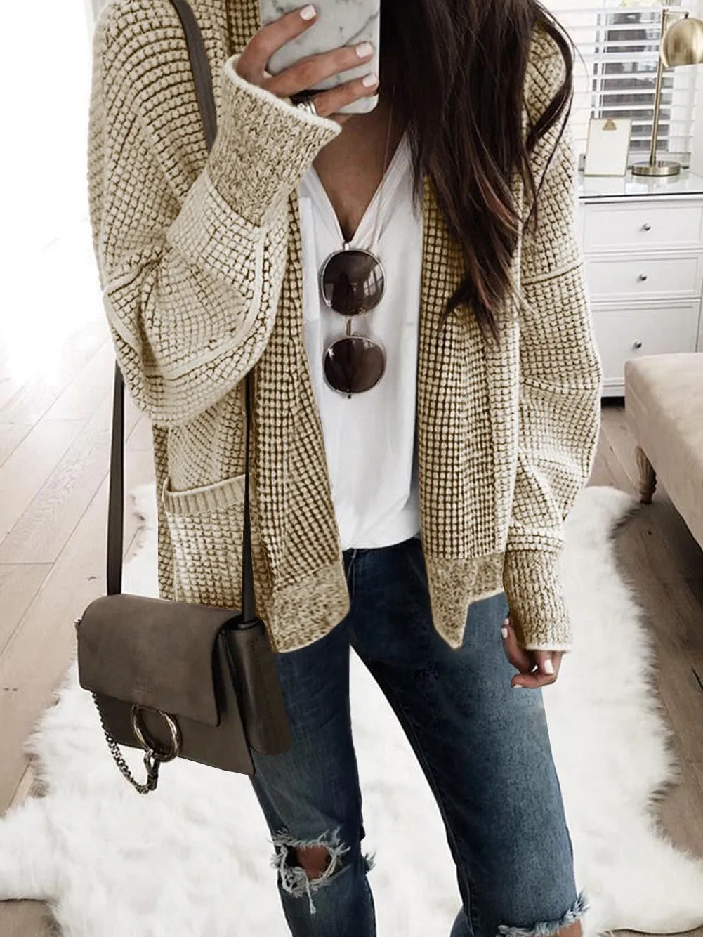 Apricot Oversized Collared Waffle Knit Cardigan