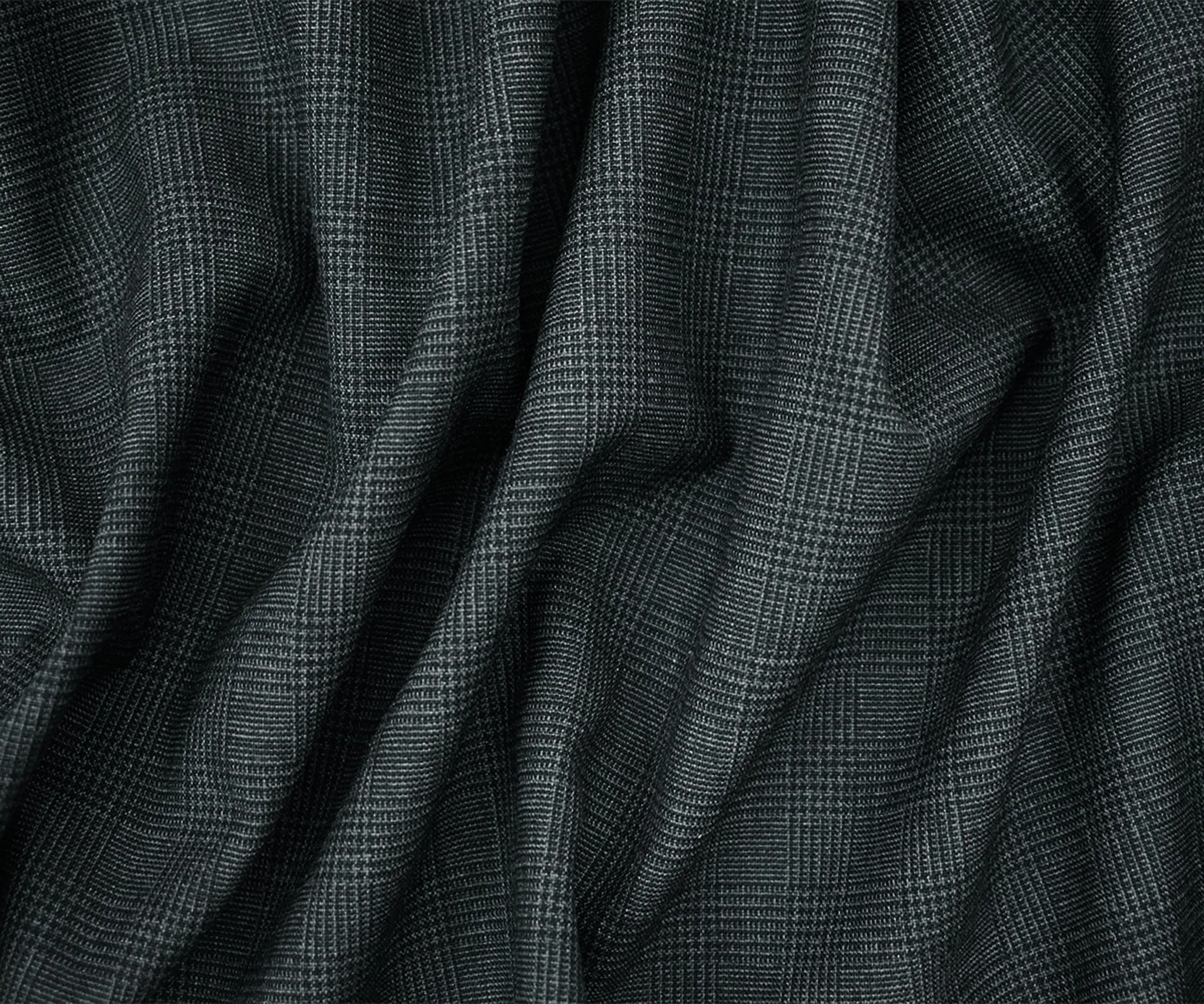 Black-Dark Gray Tropical Poly-Wool Glen Plaid Woven Shirting Fabric