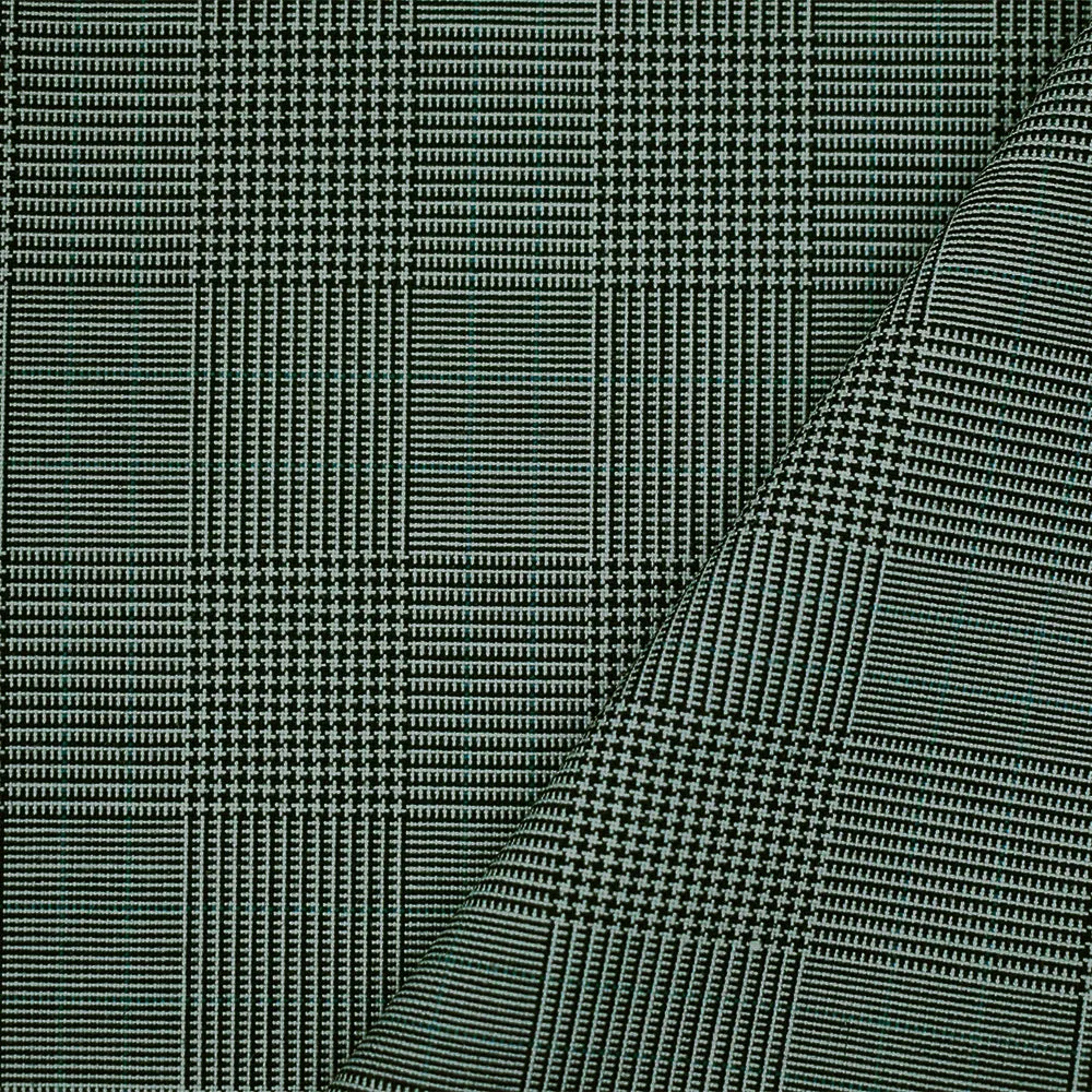 Black-Gray-Green Poly Wool Blend Glen Plaid Shirting Fabric