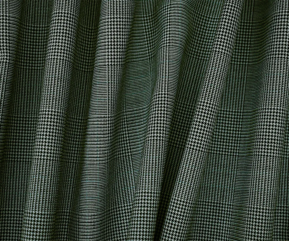 Black-Gray-Green Poly Wool Blend Glen Plaid Shirting Fabric