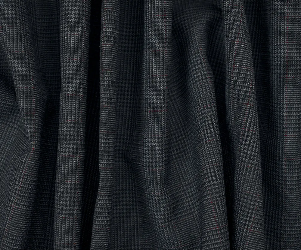 Black-Gray-Maroon Red Poly Wool Glen Plaid Shirting Fabric