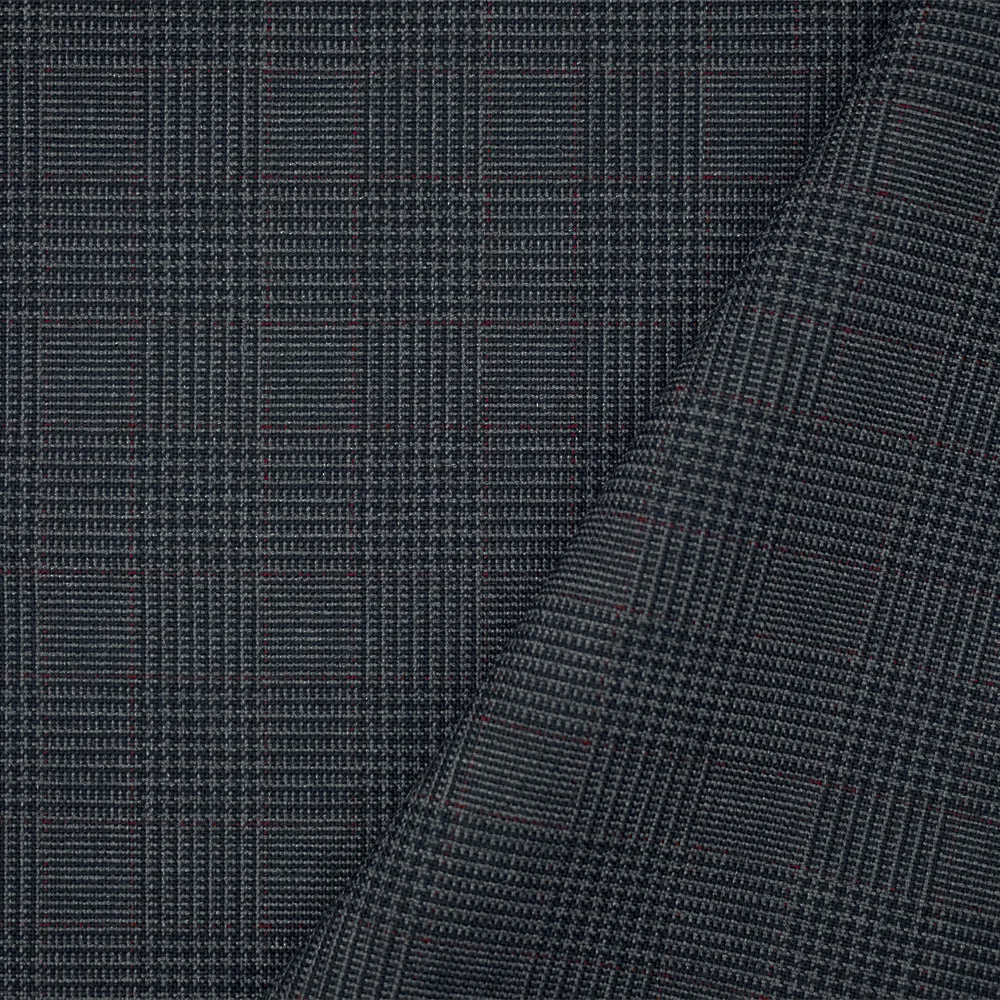 Black-Gray-Maroon Red Poly Wool Glen Plaid Shirting Fabric