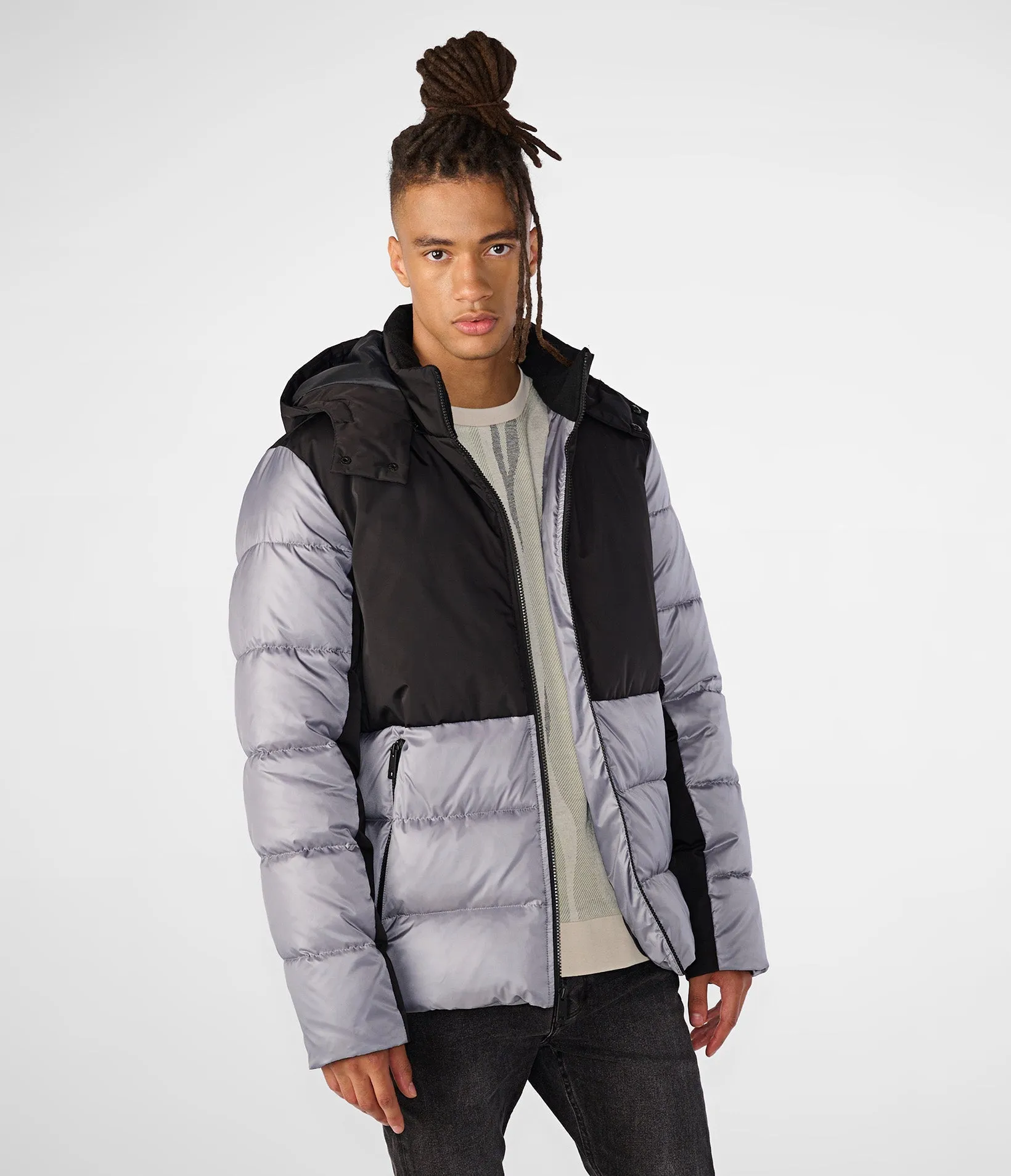 Color Block Mixed Media Puffer Jacket