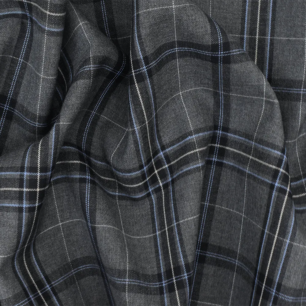 Cool Gray-Blue-Multi Plaid Wool-Poly Woven Suiting Fabric