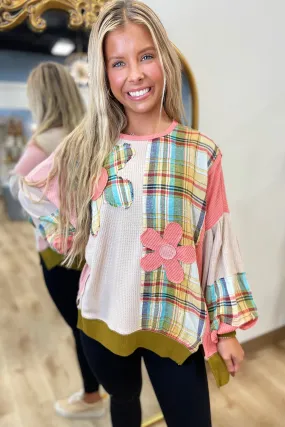 Coral Flower Combo Plaid Tee