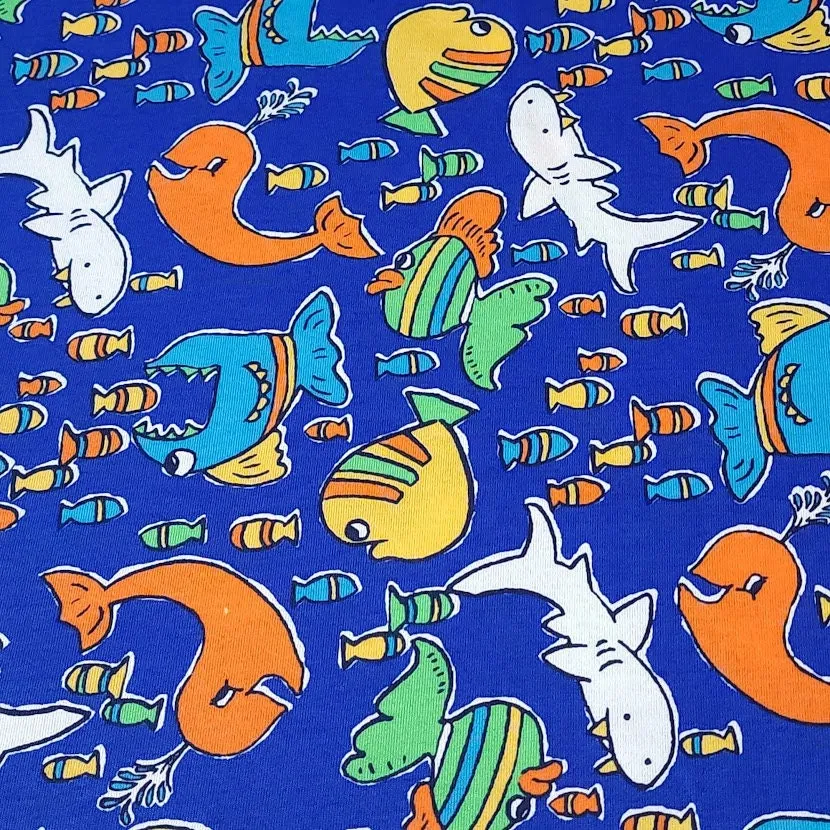 Cotton T-Shirt Stretch Knit Fabric, Colorful Whales, Sharks, and Fish. Lightweight 2-Way Stretch Cotton Blend Fabric. Sold by the 1/2 yard