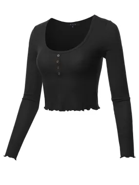 Cropped Scoop Neck Long Sleeve Merrow Edge Thermal Tops Tee