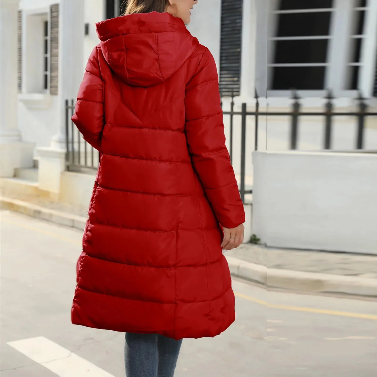 Flattering Long Black Chevron Hooded Light Soft Puffer Coat Ruby