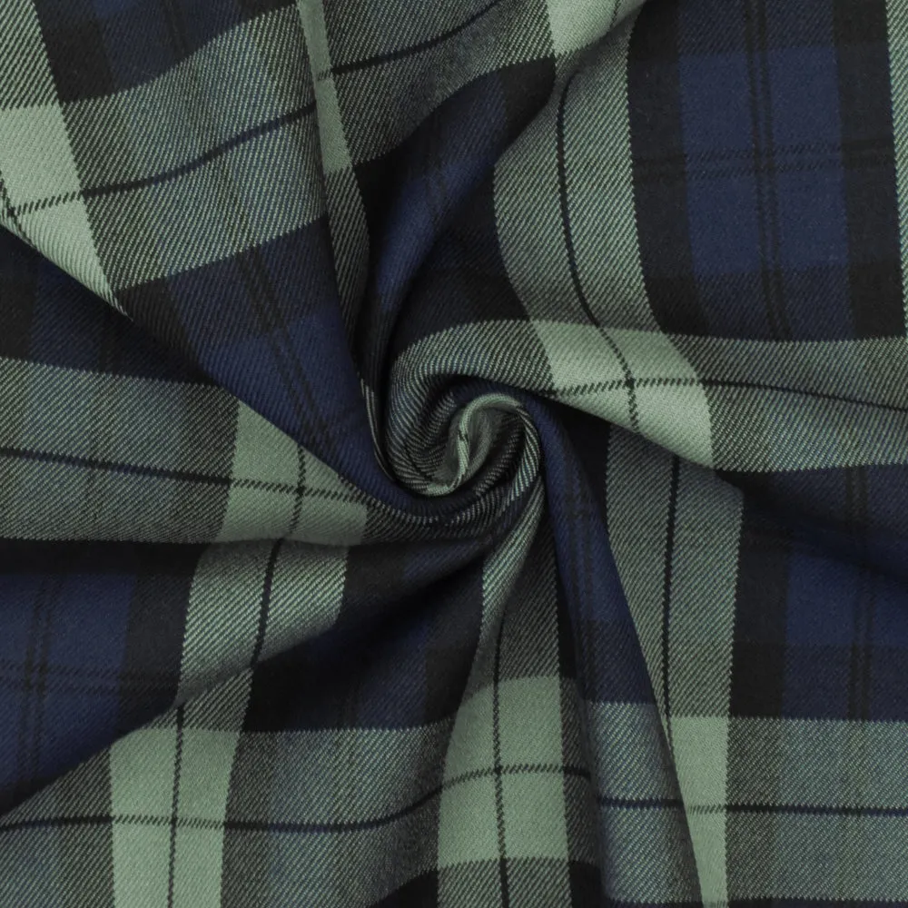 Gray-Blue-Black Plaid Wool-Poly Twill Woven Suiting fabric