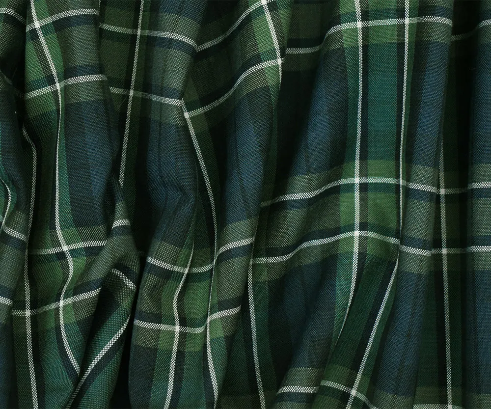 Green-Navy-Black Polyester Wool Plaid Woven Shirting Fabric