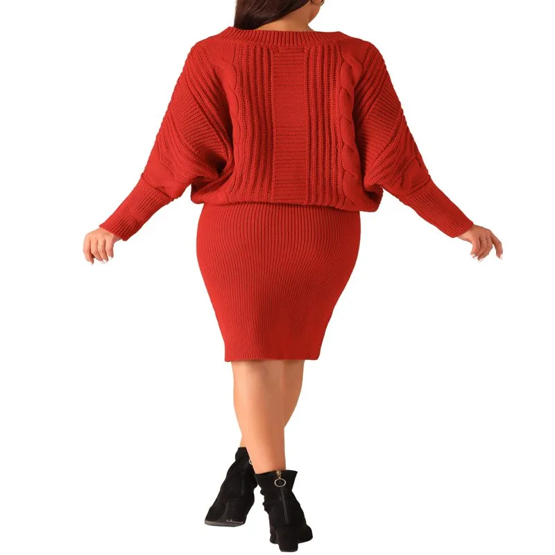 Ivyshape | Batwing Sleeve Sweater Dress Cable Knit Chunky Bodycon Pullover Mini Dress