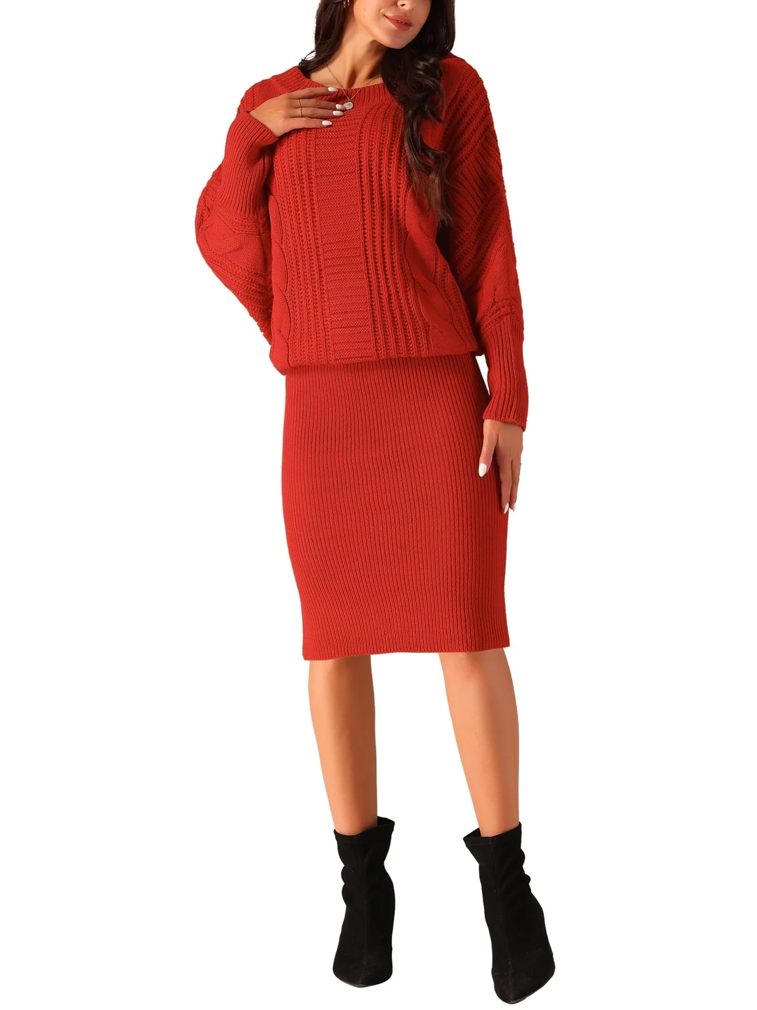 Ivyshape | Batwing Sleeve Sweater Dress Cable Knit Chunky Bodycon Pullover Mini Dress