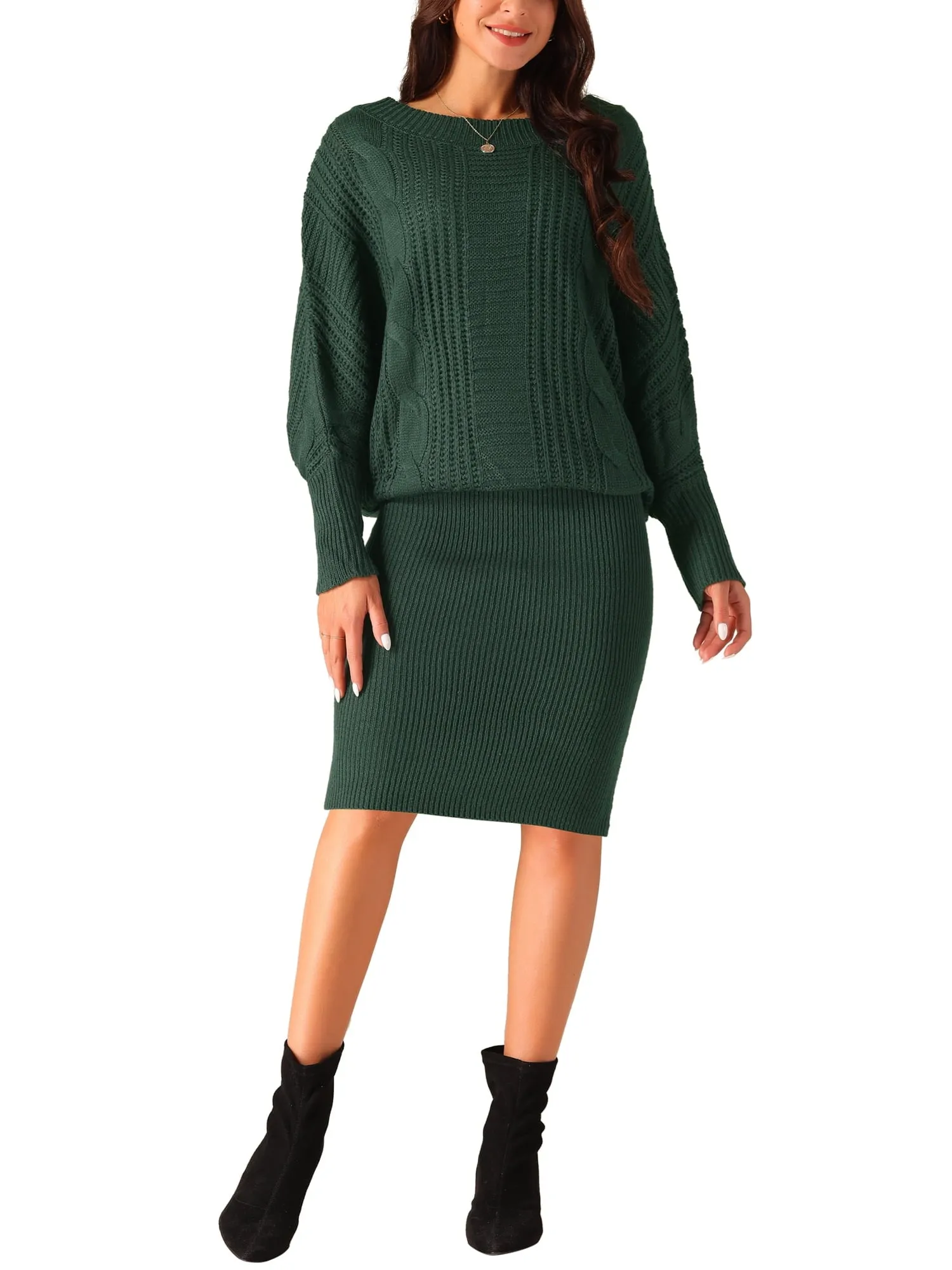 Ivyshape | Batwing Sleeve Sweater Dress Cable Knit Chunky Bodycon Pullover Mini Dress