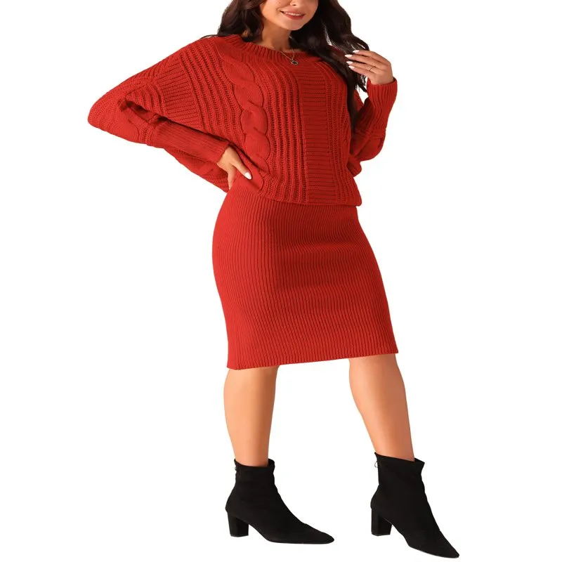 Ivyshape | Batwing Sleeve Sweater Dress Cable Knit Chunky Bodycon Pullover Mini Dress