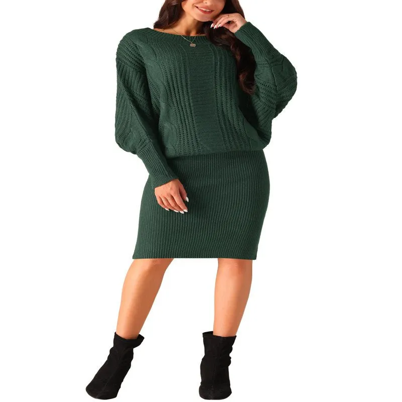 Ivyshape | Batwing Sleeve Sweater Dress Cable Knit Chunky Bodycon Pullover Mini Dress