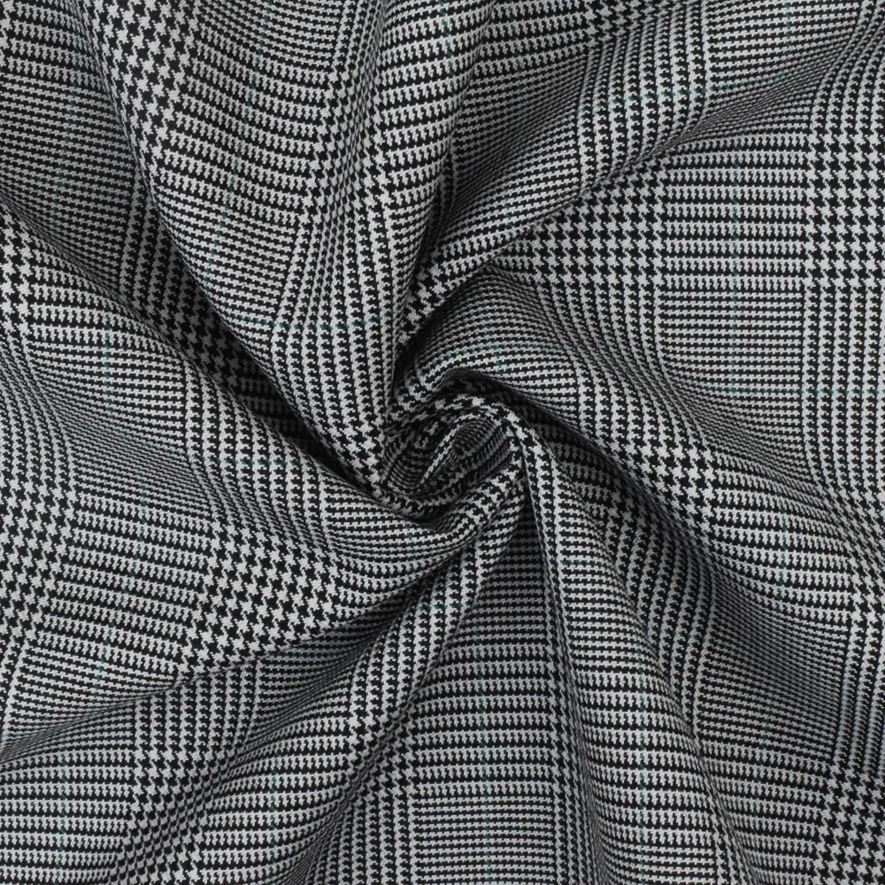 Light Gray-Black-Green Glen Plaid Wool-Poly Twill Woven Suiting Fabric