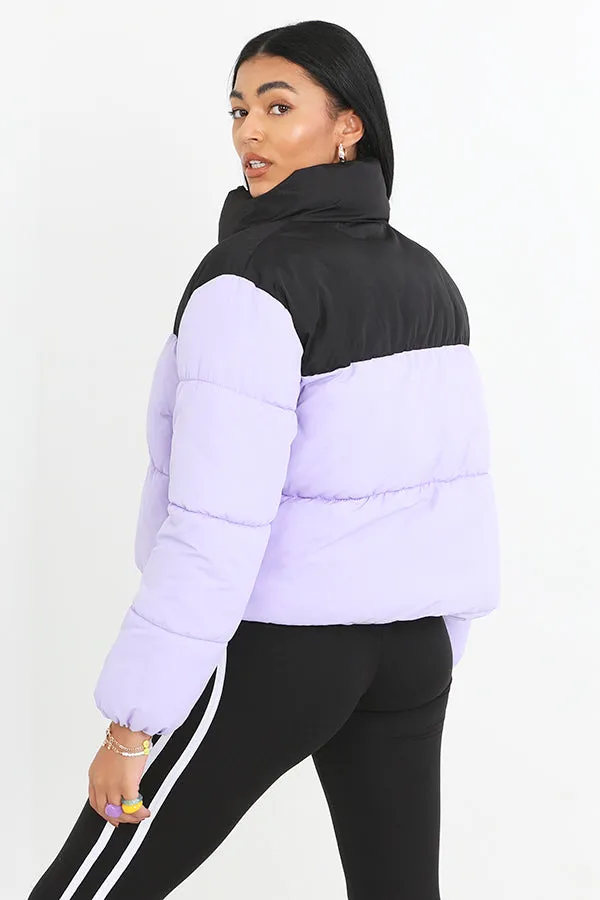 LILAC COLOUR BLOCK SHORT PADDED PUFFER JACKET