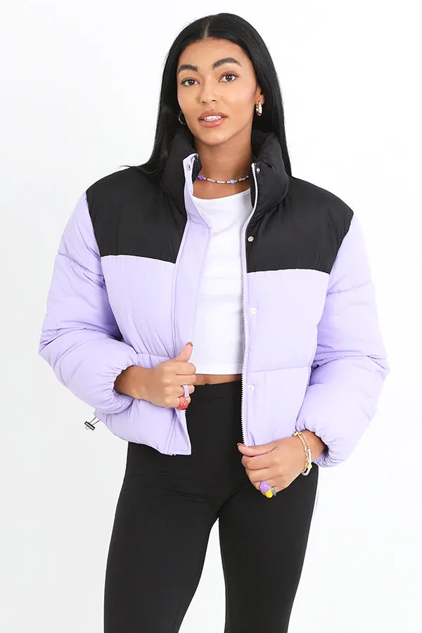 LILAC COLOUR BLOCK SHORT PADDED PUFFER JACKET