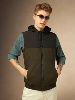 Men's Olive Colorblocked Hooded Sleeveless Jackets