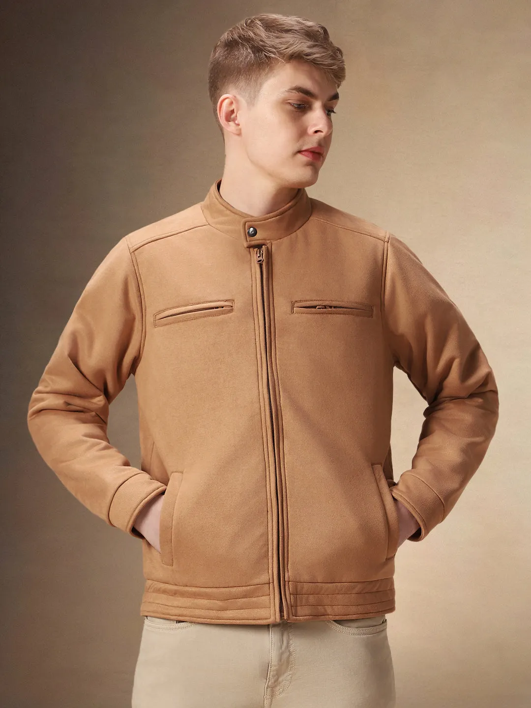 Men's Solid Brown Full Sleeves Mock Neck Jacket