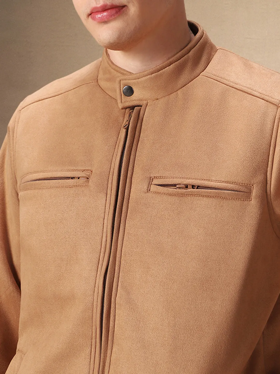 Men's Solid Brown Full Sleeves Mock Neck Jacket