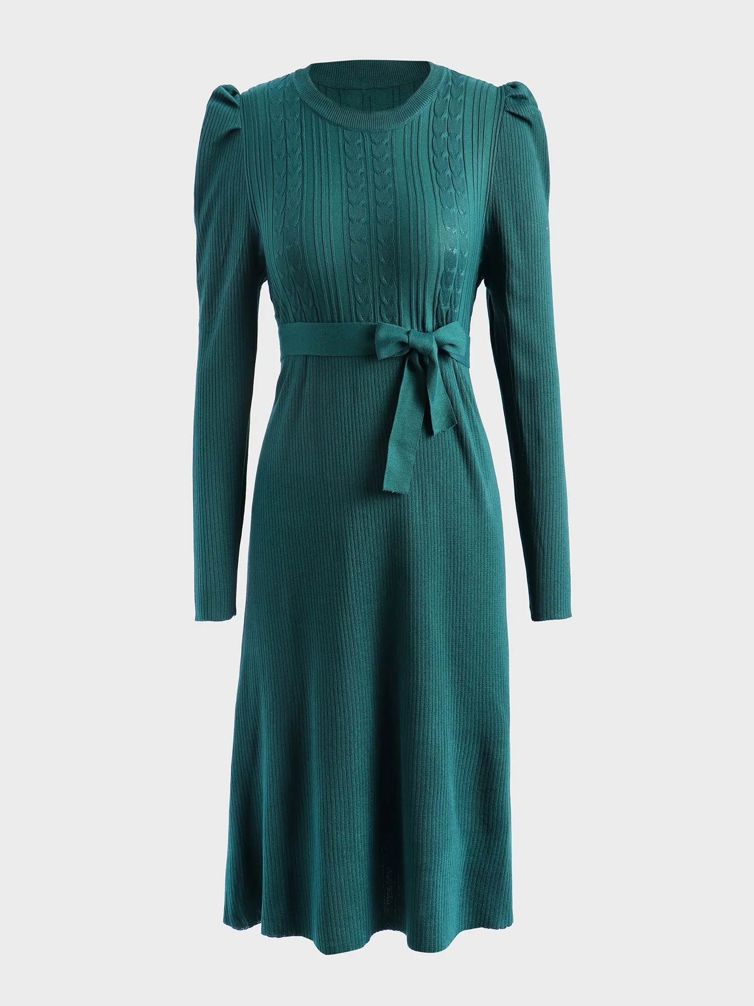 Midsize Slim Puff-Sleeve Knitted Midi Dress with Belt