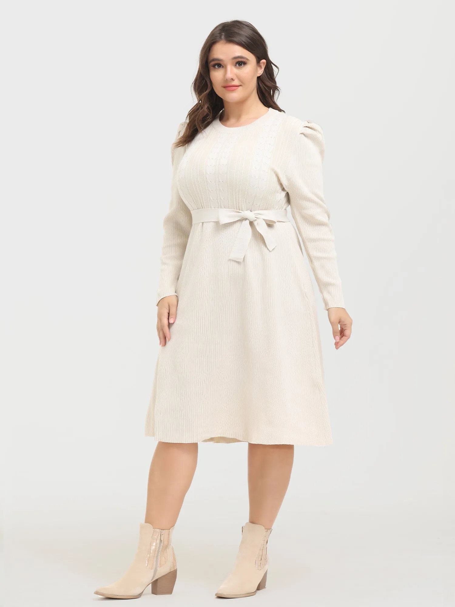 Midsize Slim Puff-Sleeve Knitted Midi Dress with Belt