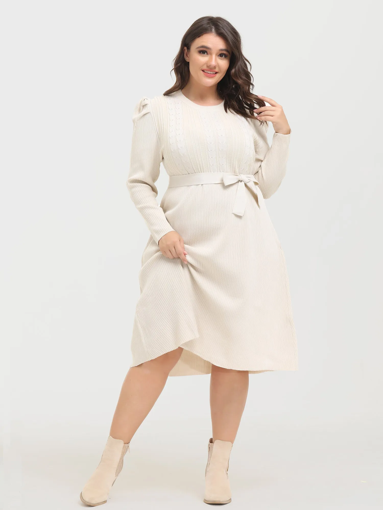 Midsize Slim Puff-Sleeve Knitted Midi Dress with Belt