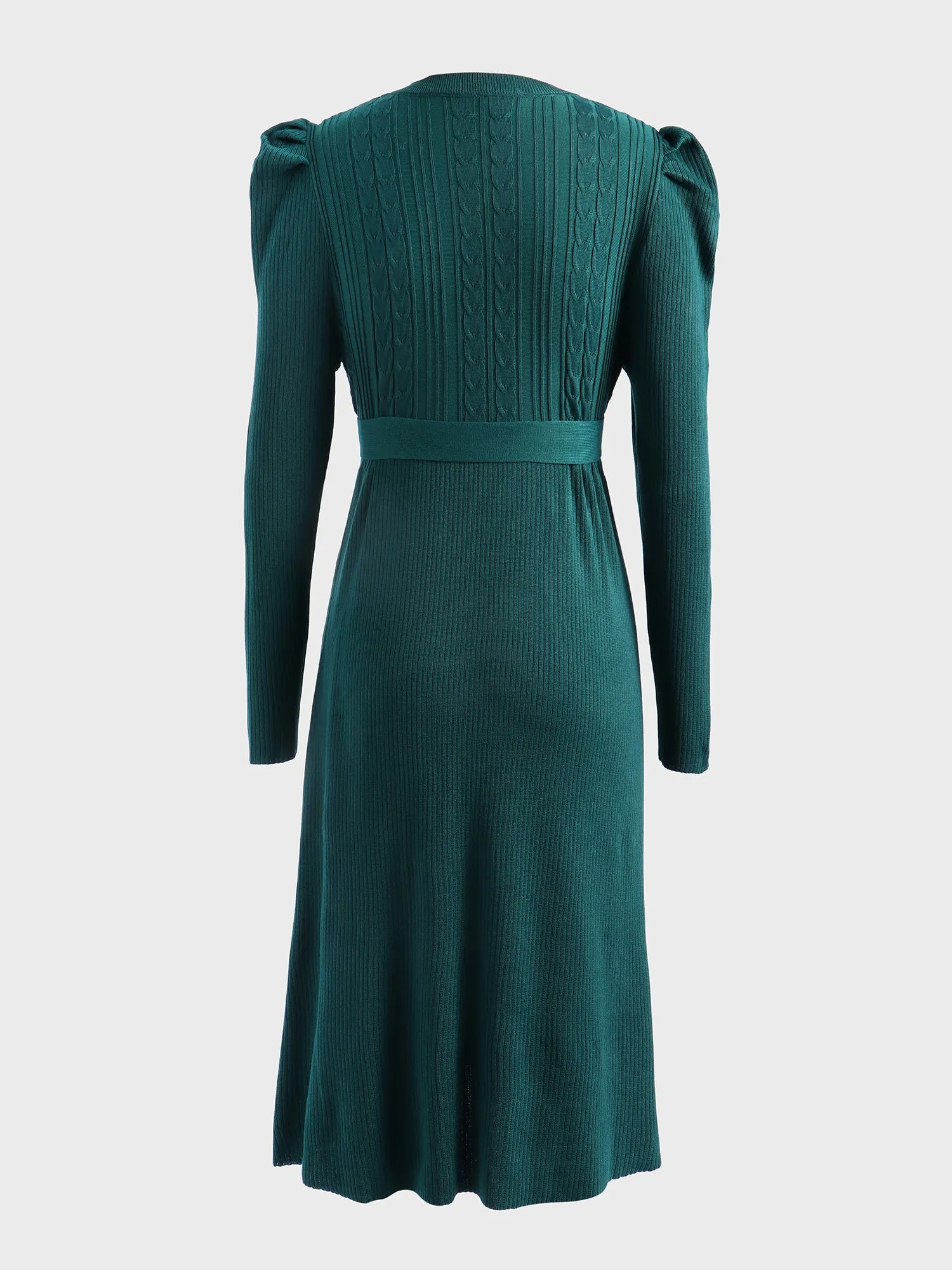 Midsize Slim Puff-Sleeve Knitted Midi Dress with Belt