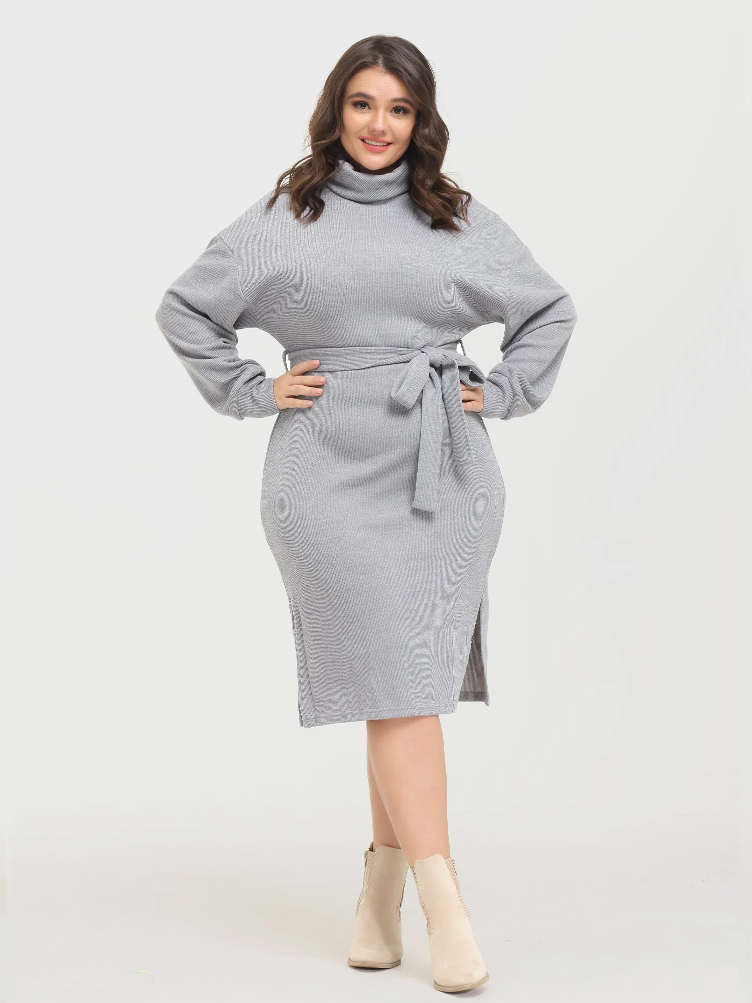 Midsize Turtleneck Lace-up Split Knitted Midi Dress