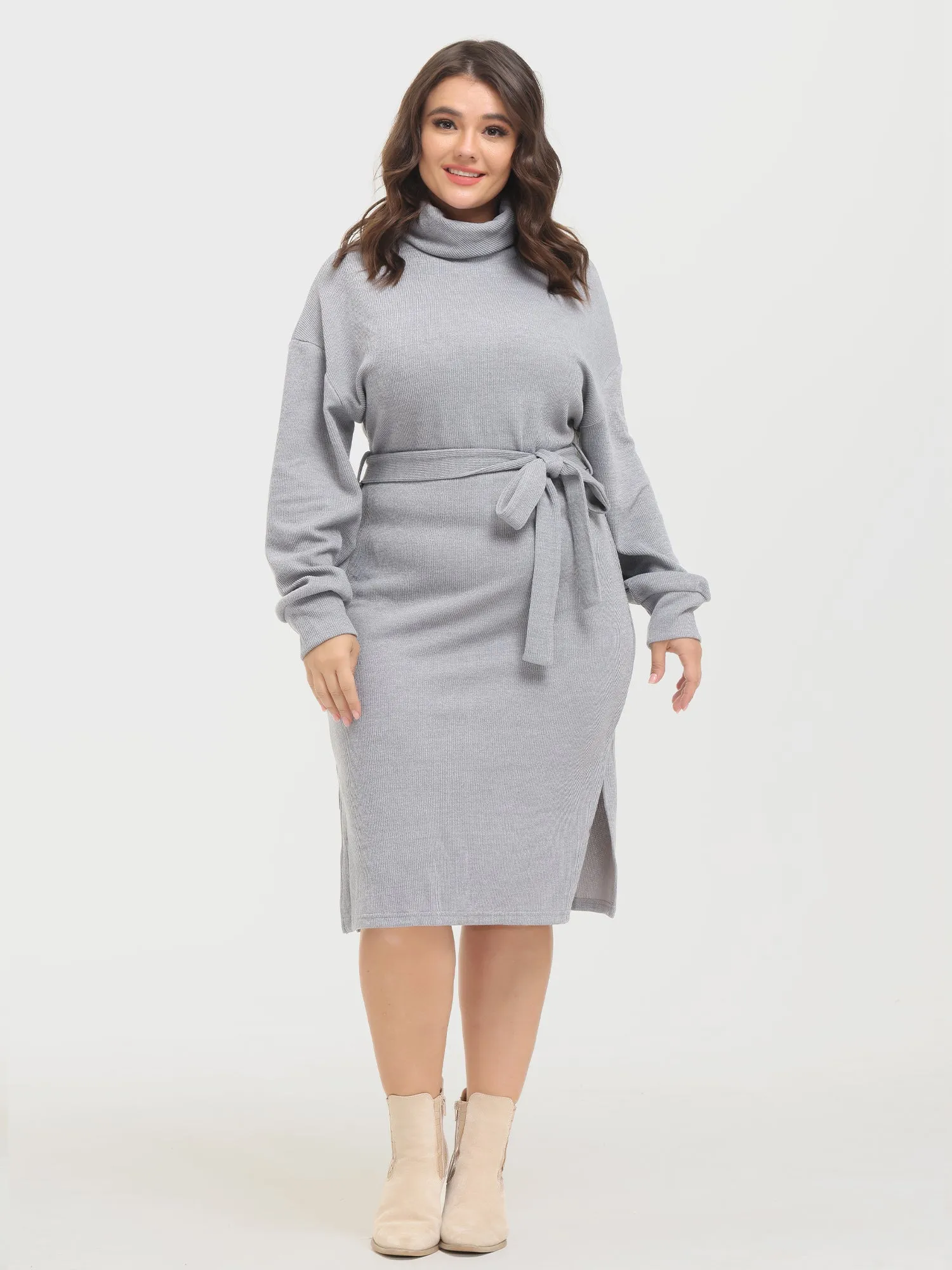 Midsize Turtleneck Lace-up Split Knitted Midi Dress