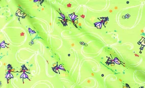 Modal Cotton Blend Knit Fabric, 4-Way Stretch, Fun Fairy and Castle Print on Green, Super Cute and So Comfortable, Sold by the 1/2 yard