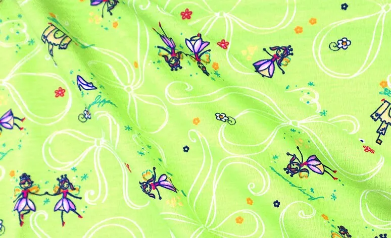 Modal Cotton Blend Knit Fabric, 4-Way Stretch, Fun Fairy and Castle Print on Green, Super Cute and So Comfortable, Sold by the 1/2 yard