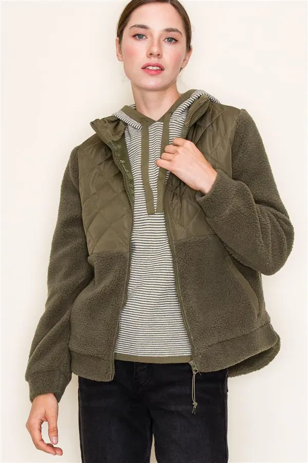 Olive Quilted Fleece Zip Up Jacket - FINAL SALE