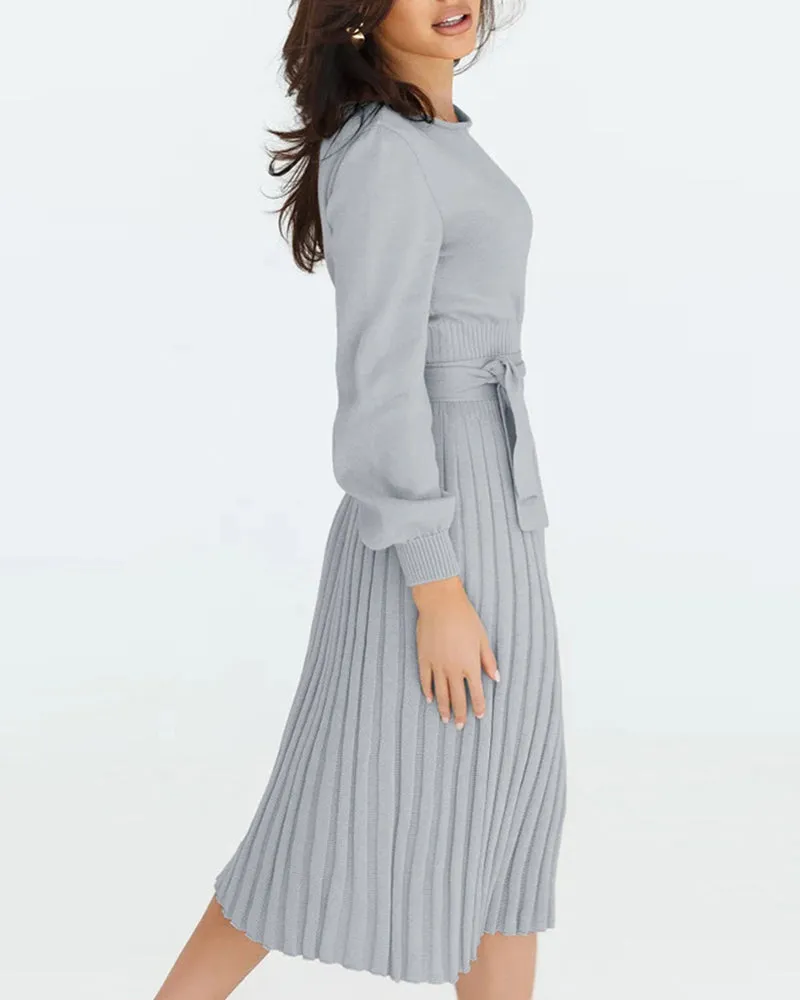 Pleated Mid Length Sweater Dress With Belt