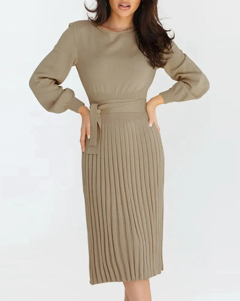 Pleated Mid Length Sweater Dress With Belt