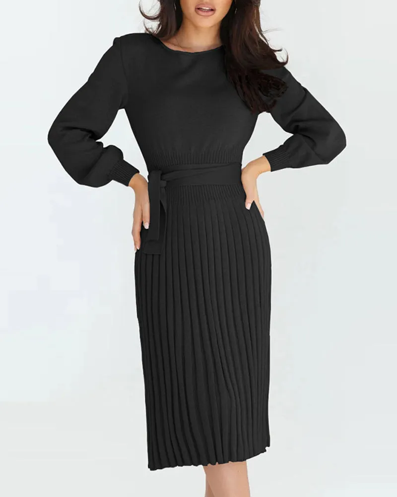 Pleated Mid Length Sweater Dress With Belt