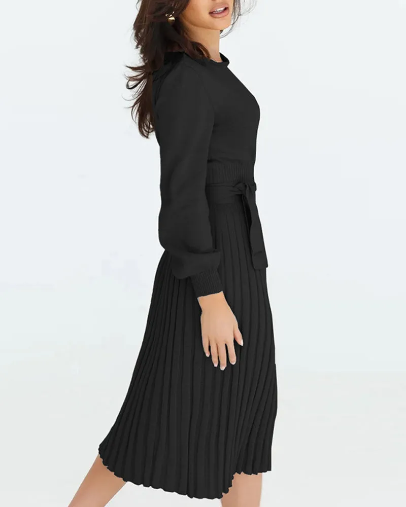 Pleated Mid Length Sweater Dress With Belt