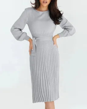 Pleated Mid Length Sweater Dress With Belt