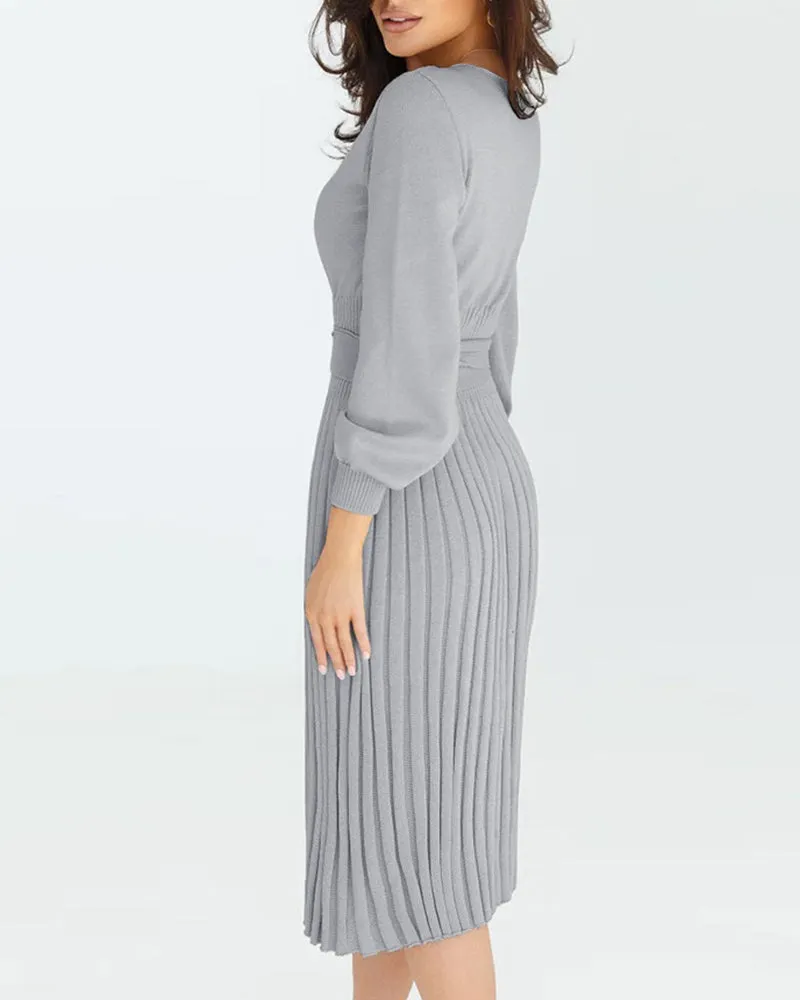 Pleated Mid Length Sweater Dress With Belt