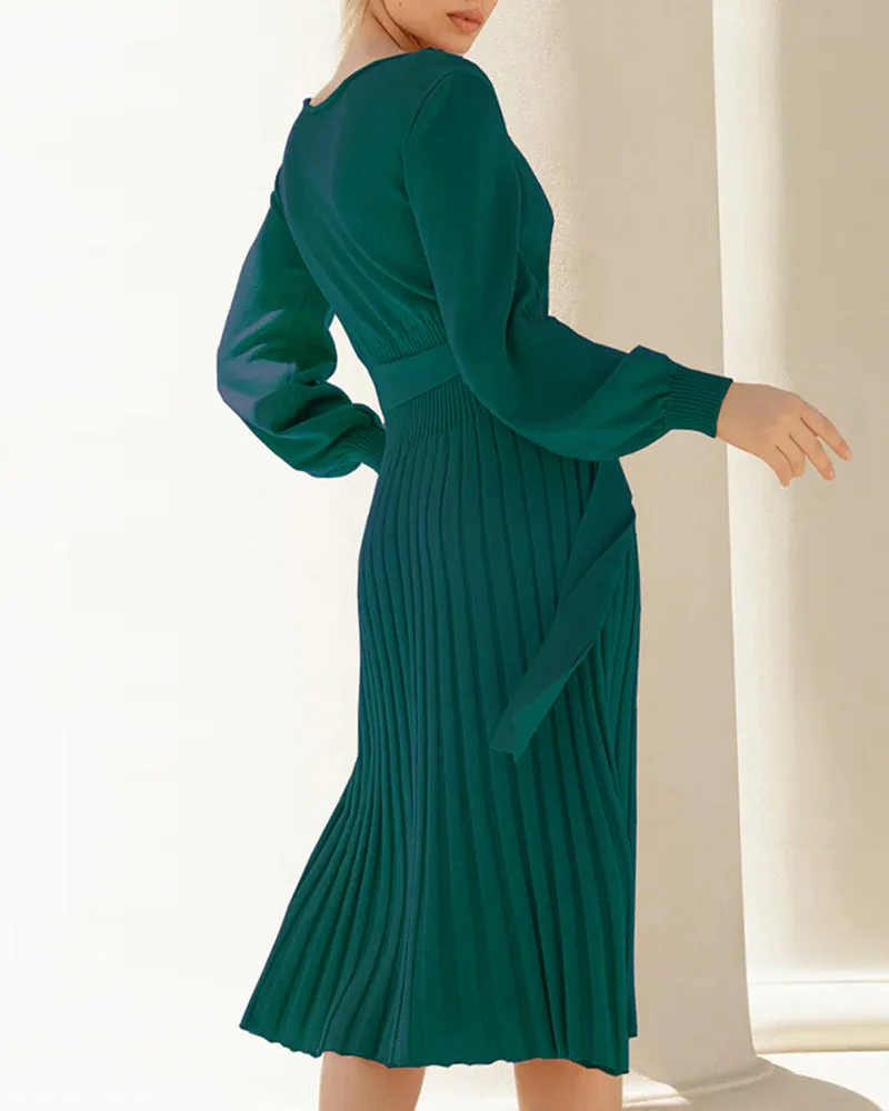 Pleated Mid Length Sweater Dress With Belt