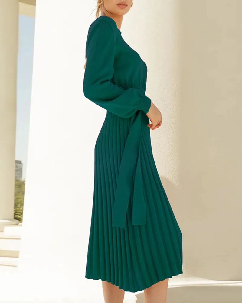 Pleated Mid Length Sweater Dress With Belt