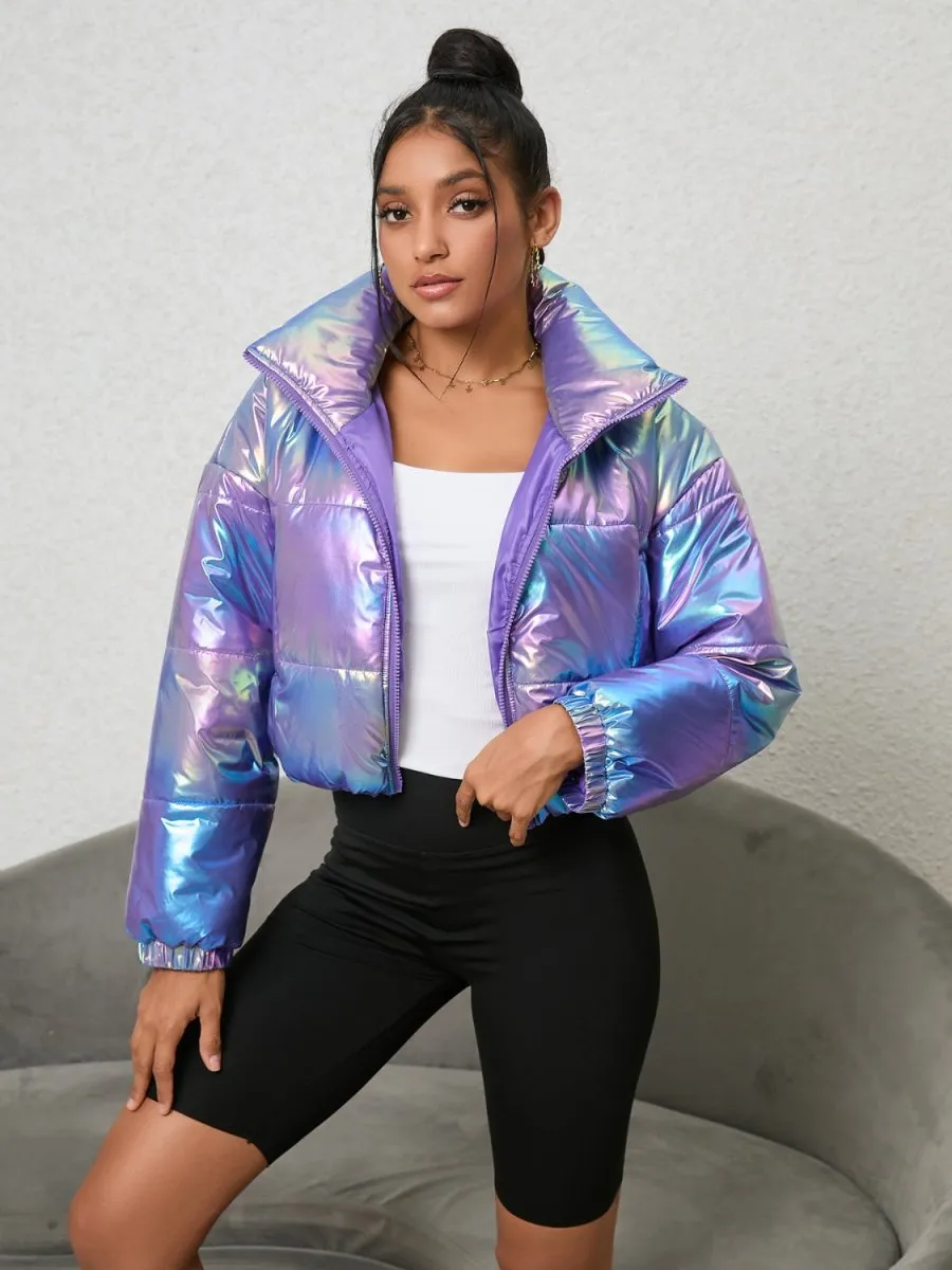 Prismatic Glow Purple Iridescent Puffer Jacket