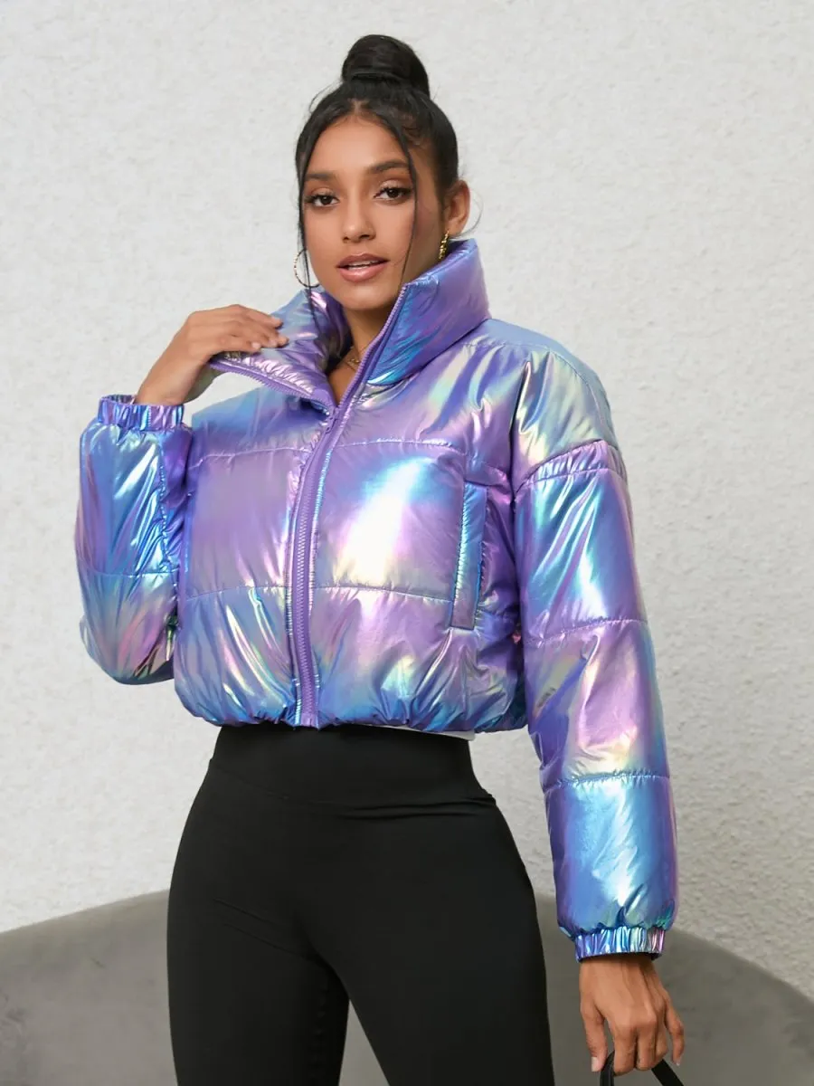 Prismatic Glow Purple Iridescent Puffer Jacket