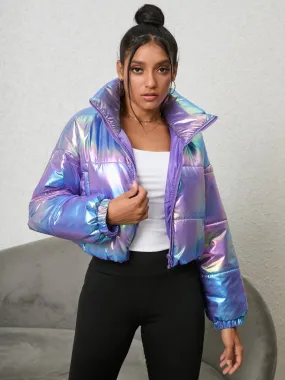 Prismatic Glow Purple Iridescent Puffer Jacket