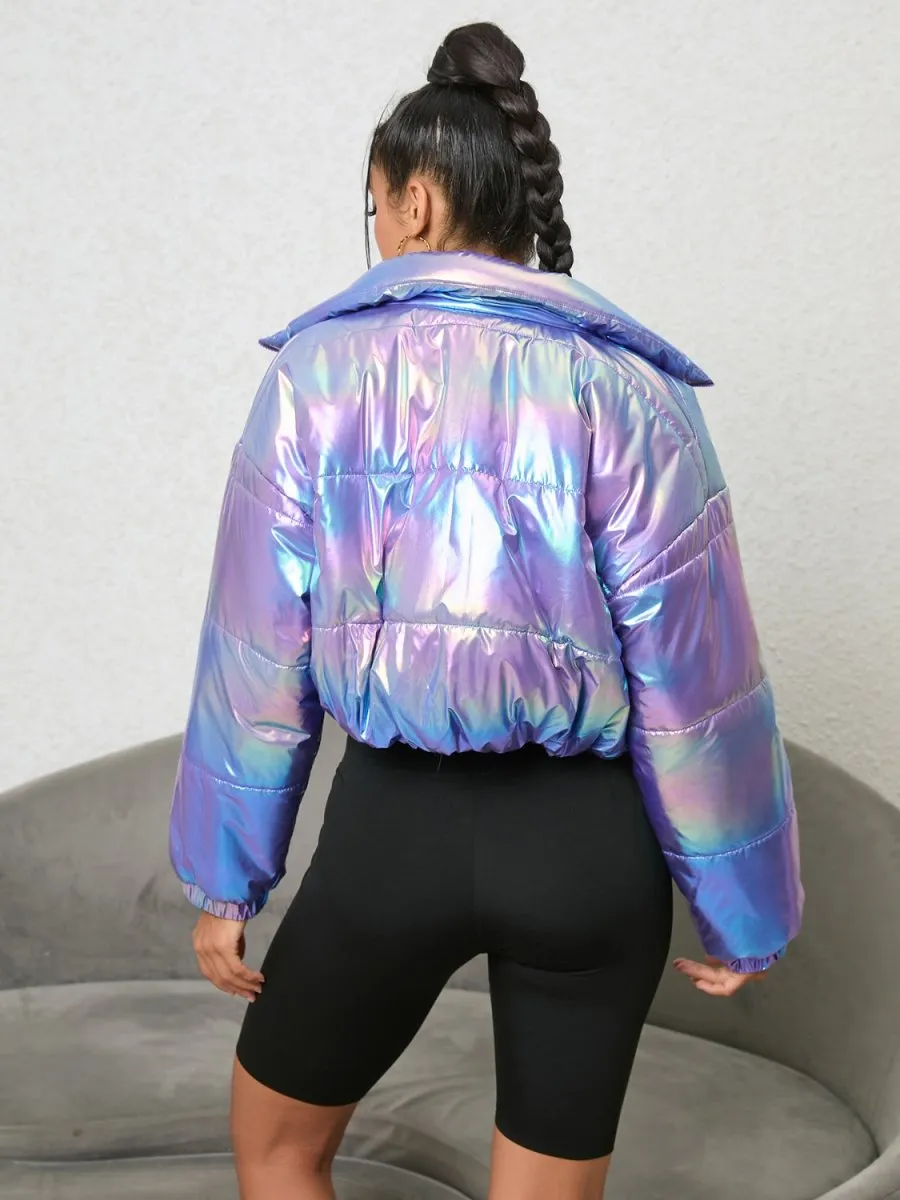 Prismatic Glow Purple Iridescent Puffer Jacket